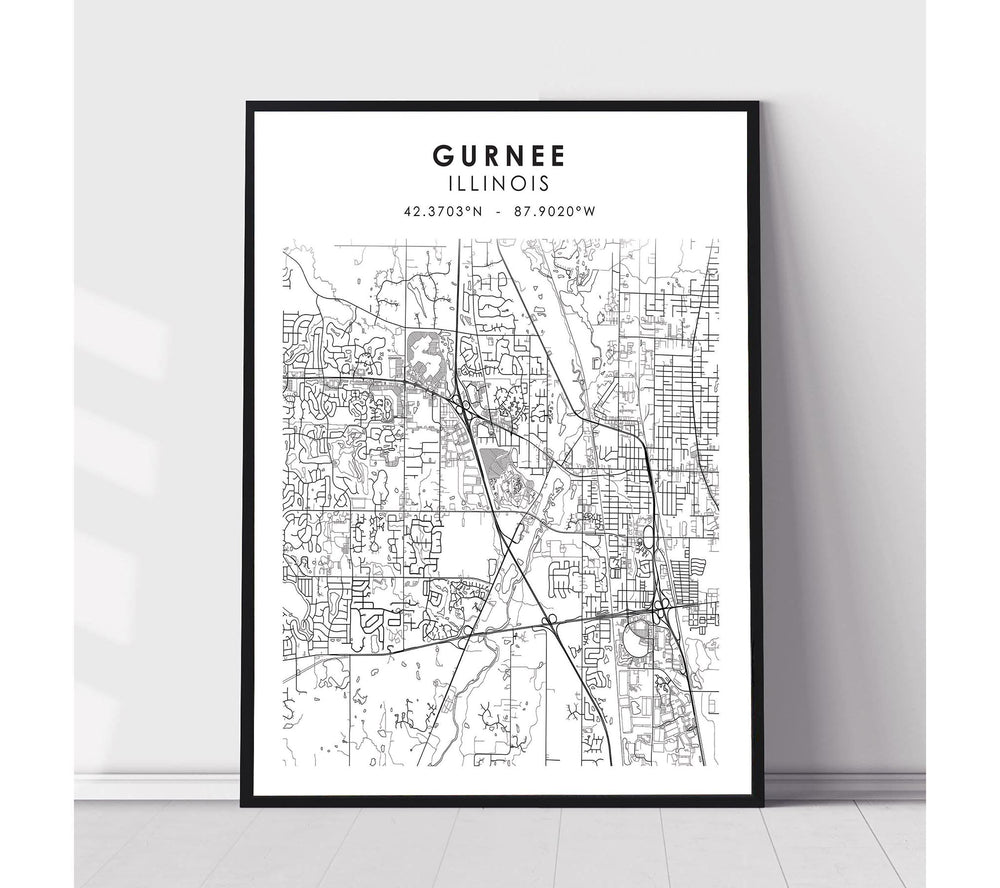 Gurnee, Illinois Scandinavian Map Print 