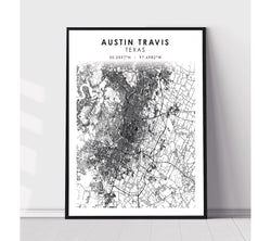 Austin, Travis, Texas Scandinavian Map Print 