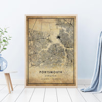 Portsmouth, Virginia Vintage Style Map Print 