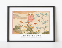 Zhang Ruoai - Bats, rocks, flowers oval calligraphy (18th Century)