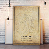 Alpine Lake, West Virginia Vintage Style Map Print