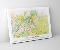 Jan Toorop - Peasant woman with milk buckets on her shoulders, walking through a wheat field (1906)