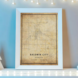 Baldwin City, Kansas Vintage Style Map Print