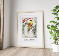 Numata Kashu - Chinese Bush-warbler and Drooping Peach iIllustration from Pictorial Monograph of Birds (1885)