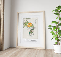 Numata Kashu - Grey Starling and Cercidiphyllum Japonicum illustration from Pictorial Monograph of Birds (1885)