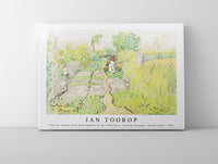 Jan Toorop - Peasant woman with milk buckets on her shoulders, walking through a wheat field (1906)