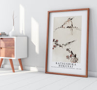 Katsushika Hokusai - Three Birds Perched on Branches, One with Blossoms 1830-1850