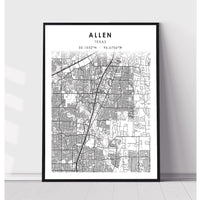 Allen, Texas Scandinavian Map Print 
