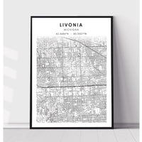 Livonia, Michigan Scandinavian Map Print 