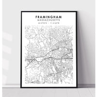 Framingham, Massachusetts Scandinavian Map Print 