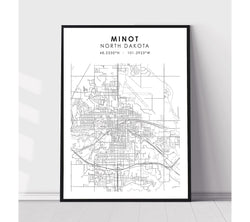 Minot, North Dakota Scandinavian Map Print 