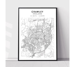 Crawley England Scandinavian Style Map Print 