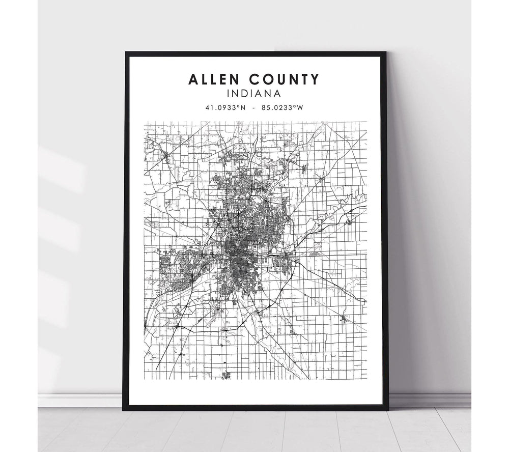 Allen County, Indiana Scandinavian Map Print 