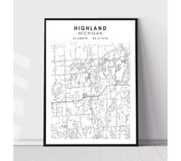 
              Highland, Michigan Scandinavian Map Print 
            