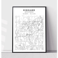 Highland, Michigan Scandinavian Map Print 