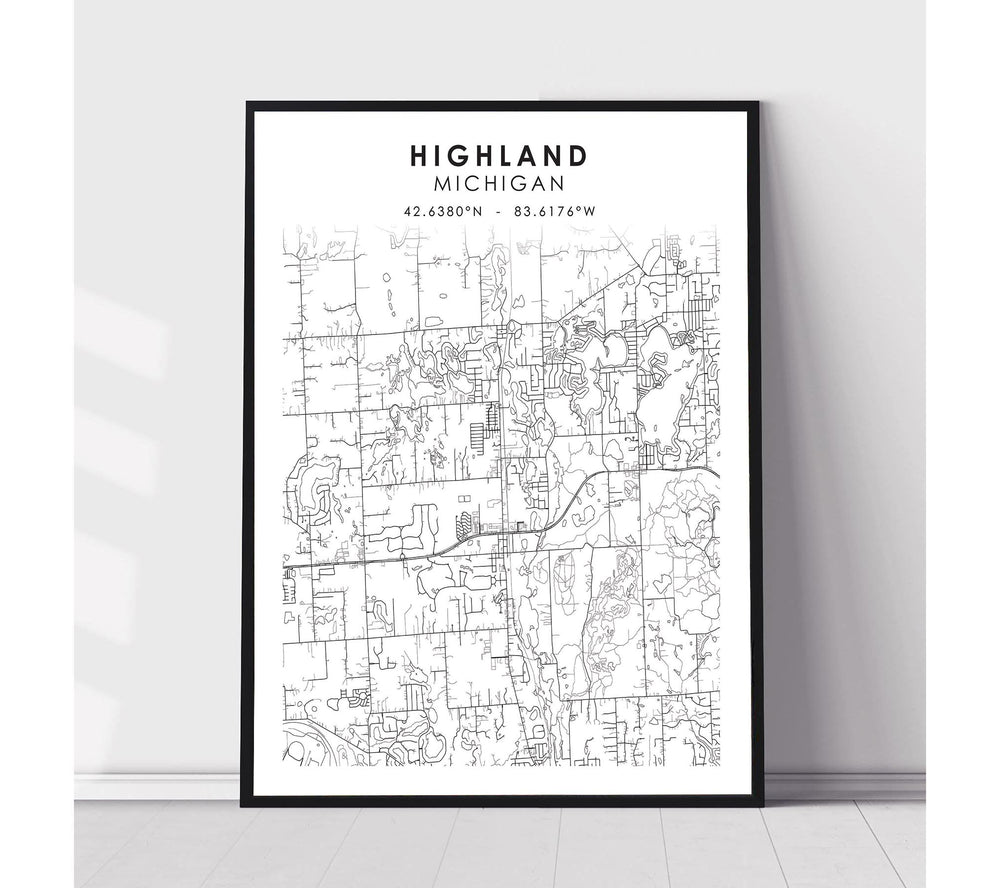 Highland, Michigan Scandinavian Map Print 