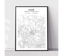 Elon, North Carolina Scandinavian Map Print 