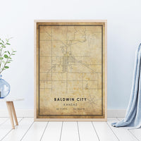 Baldwin City, Kansas Vintage Style Map Print