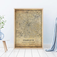 
              Charlotte, North Carolina Vintage Style Map Print 
            