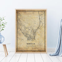 
              Benicia, California Vintage Style Map Print 
            