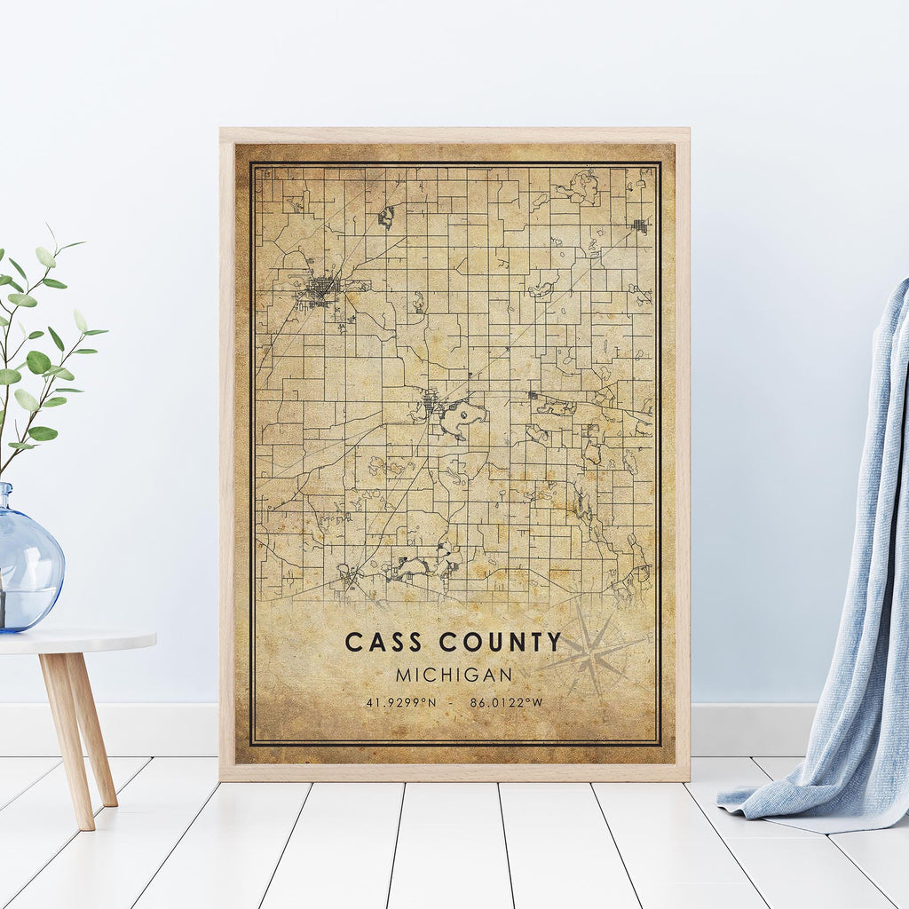 Cass County, Michigan Vintage Style Map Print 