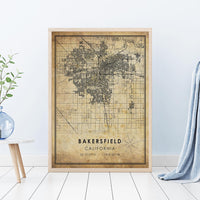 
              Bakersfield, California Vintage Style Map Print 
            