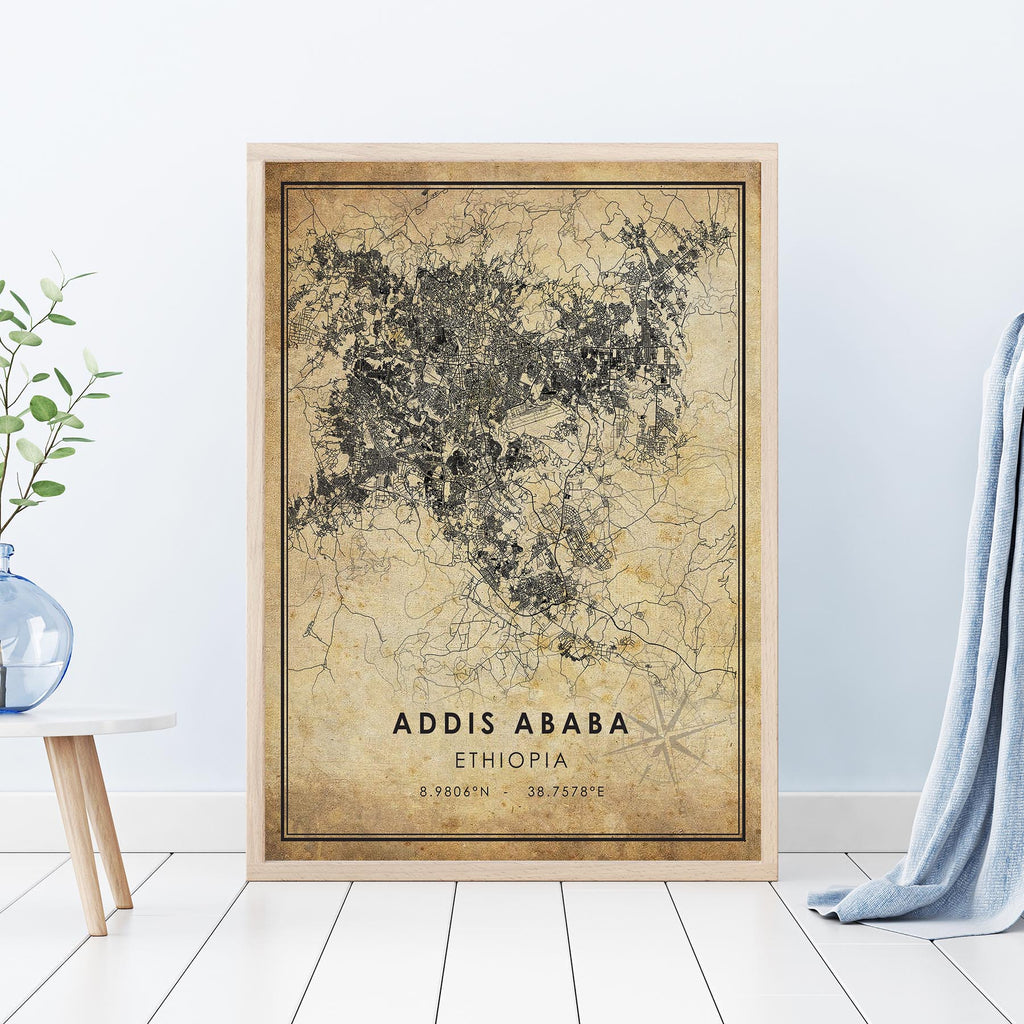 Addis Ababa, Ethiopia Vintage Style Map Print 