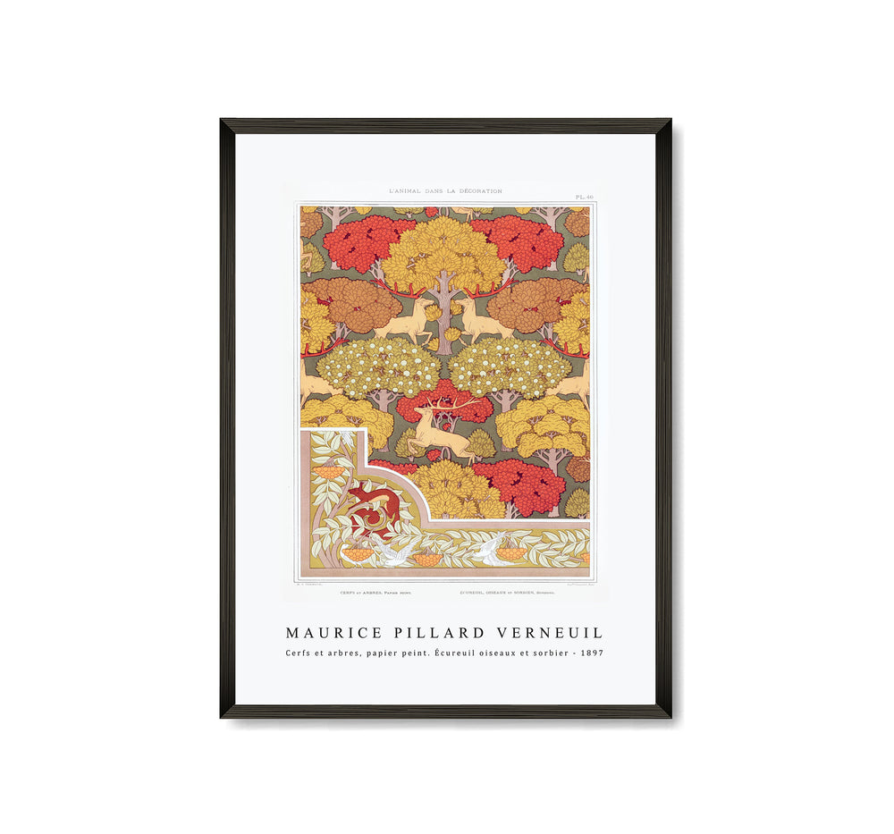 Maurice Pillard Verneuil - Cerfs et arbres, papier peint. Écureuil oiseaux et sorbier