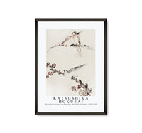 
              Katsushika Hokusai - Three Birds Perched on Branches, One with Blossoms 1830-1850
            