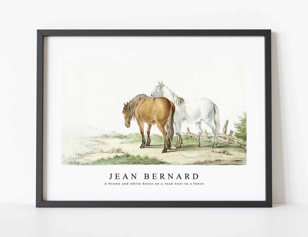 Jean Bernard - A brown and white horse on a road next to a fence