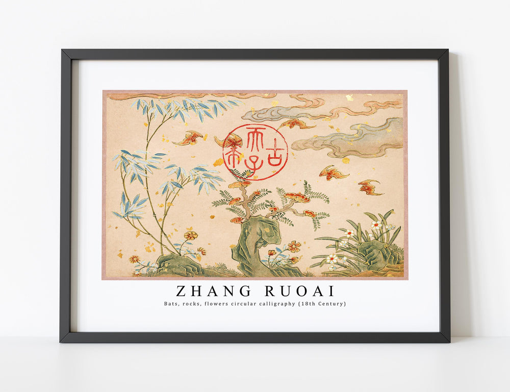 Zhang Ruoai - Bats, rocks, flowers circular calligraphy (18th Century)