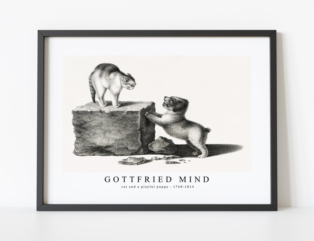 Gottfried Mind - Illustration of a domestic cat and a playful puppy by Gottfried Mind (1768-1814)