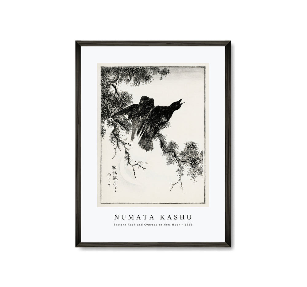 Numata Kashu - Eastern Rook and Cypress on New Moon illustration from Pictorial Monograph of Birds (1885)