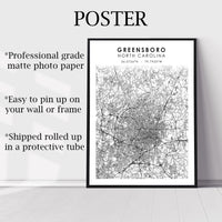 Greensboro, North Carolina Scandinavian Map Print 