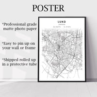 Lund, Sweden Scandinavian Style Map Print 