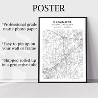 Clemmons, North Carolina Scandinavian Map Print 