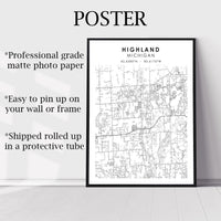 
              Highland, Michigan Scandinavian Map Print 
            
