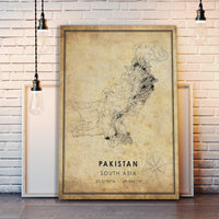 
              Pakistan, South Asia Vintage Style Map Print
            