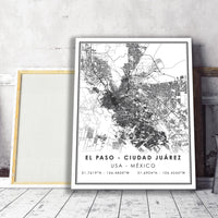 
              El Paso, Ciudad Juarez, USA Mexico Modern Style Map Print 
            