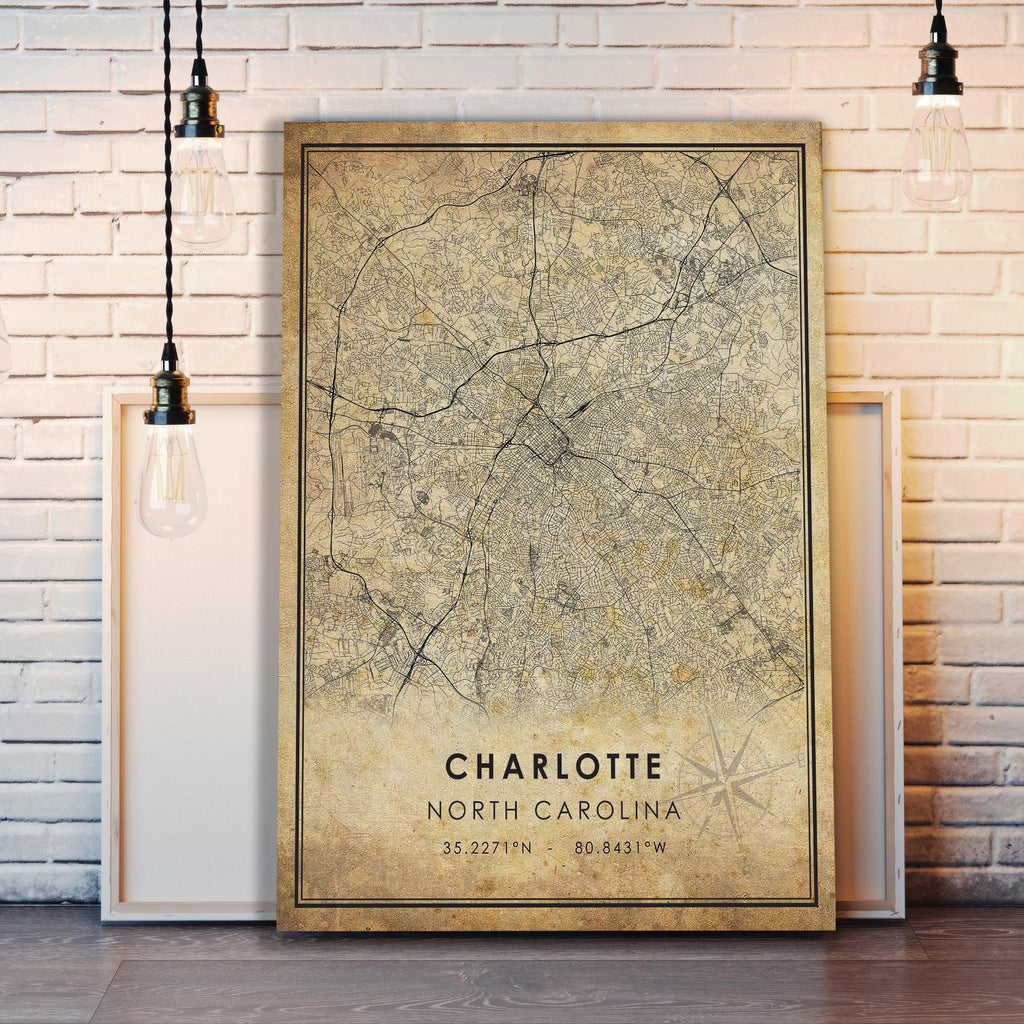 Charlotte, North Carolina Vintage Style Map Print 