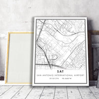 SAT, San Antonio International Airport Modern Map Print 