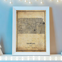 Kansas, United States Vintage Style Map Print 