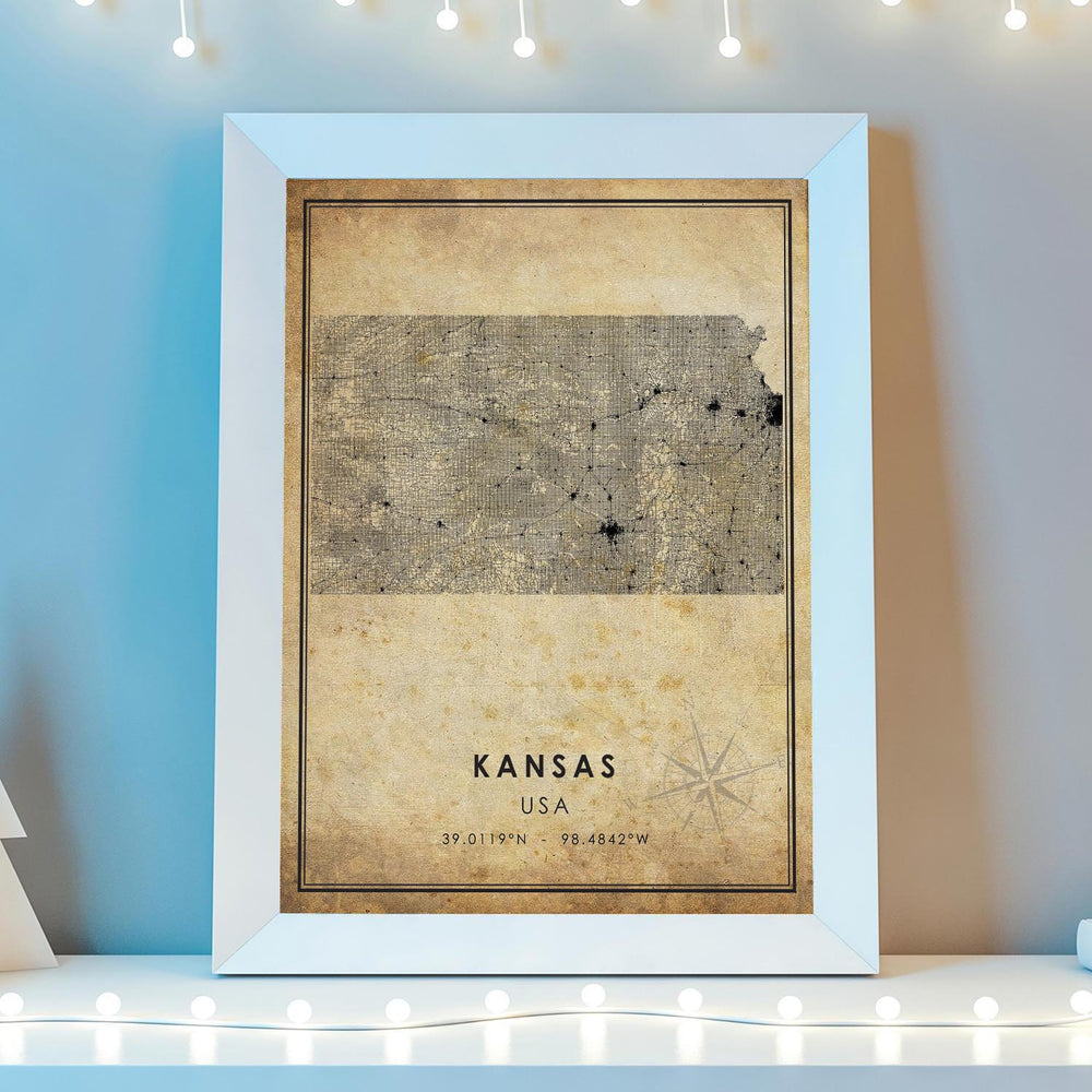 Kansas, United States Vintage Style Map Print 