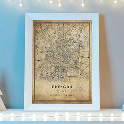 Chengdu, China Vintage Style Map Print 