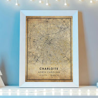 
              Charlotte, North Carolina Vintage Style Map Print 
            