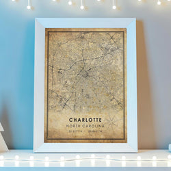 Charlotte, North Carolina Vintage Style Map Print 