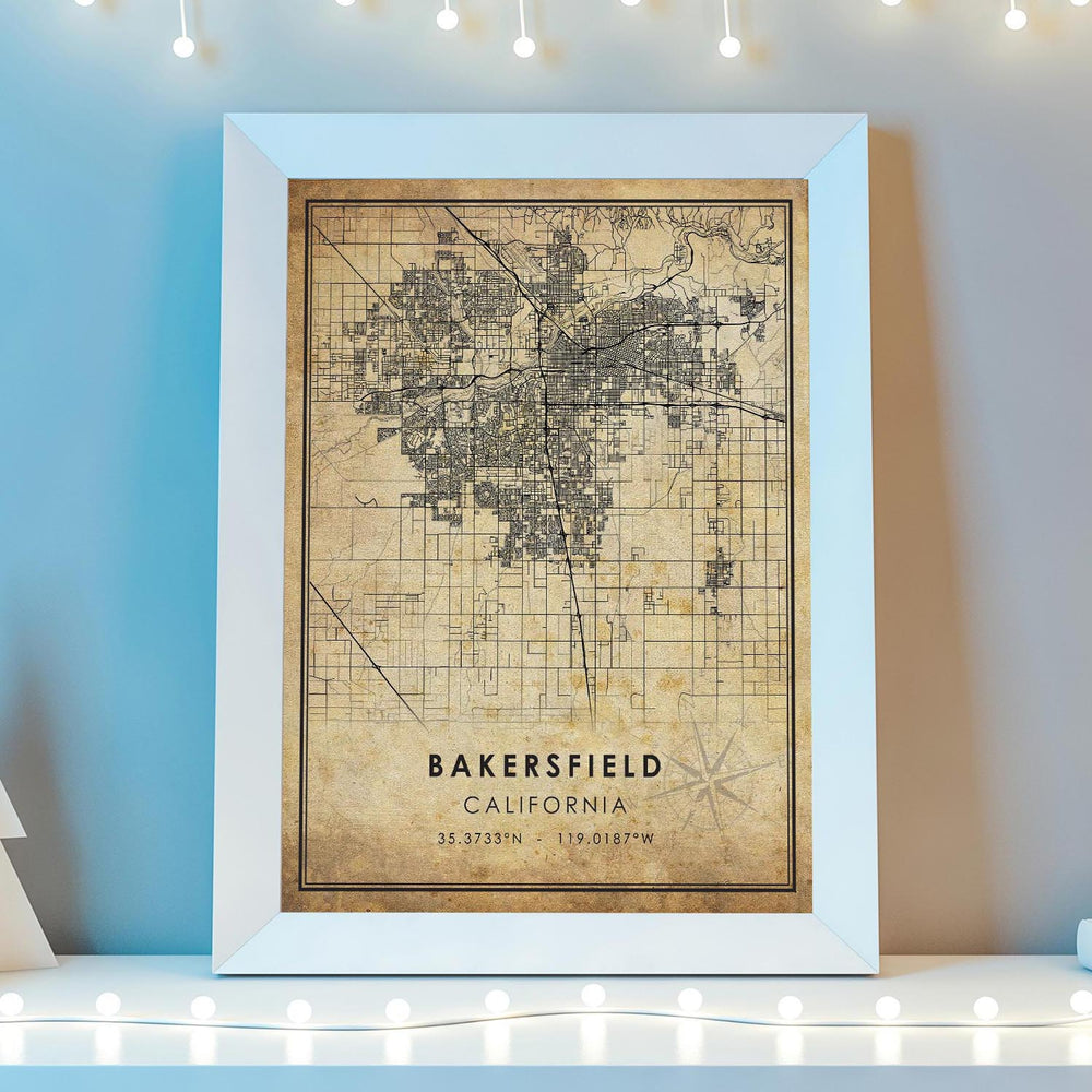 Bakersfield, California Vintage Style Map Print 