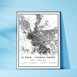 El Paso, Ciudad Juarez, USA Mexico Modern Style Map Print 