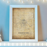 Charleston, Illinois Vintage Style Map Print 