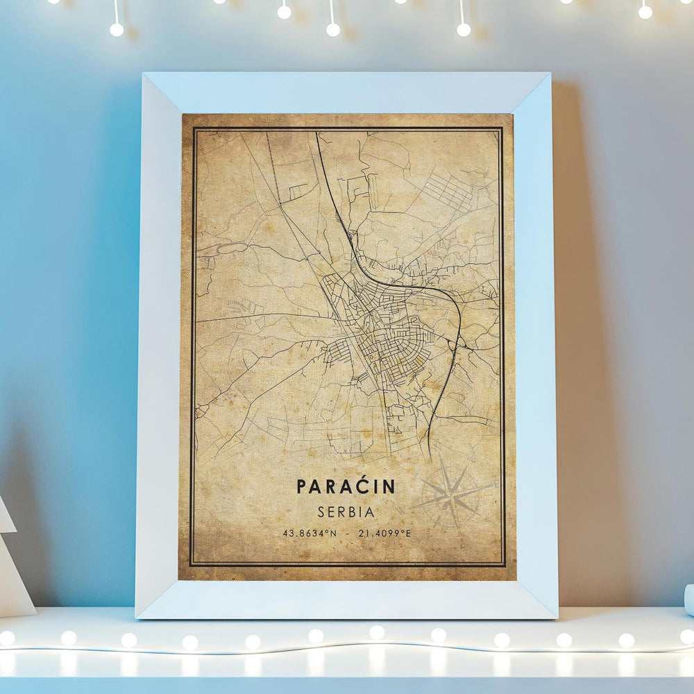 Paracin, Serbia Vintage Style Map Print 